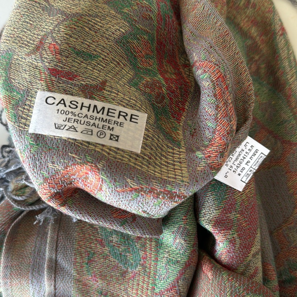 100% cashmere Jerusalem. Beautiful shawl, earthy gentle tones. Fringed edges